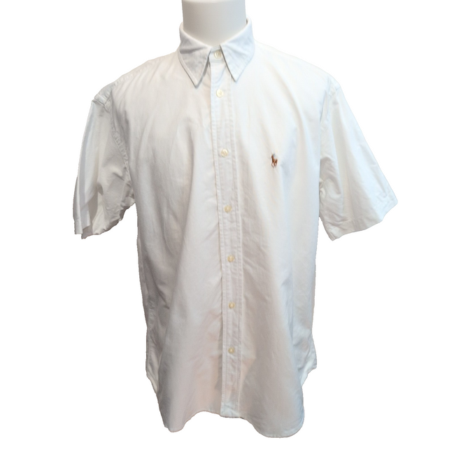 Chemise Ralph Lauren Yarmouth M Blanc Uni Logo Marron Manches Courtes