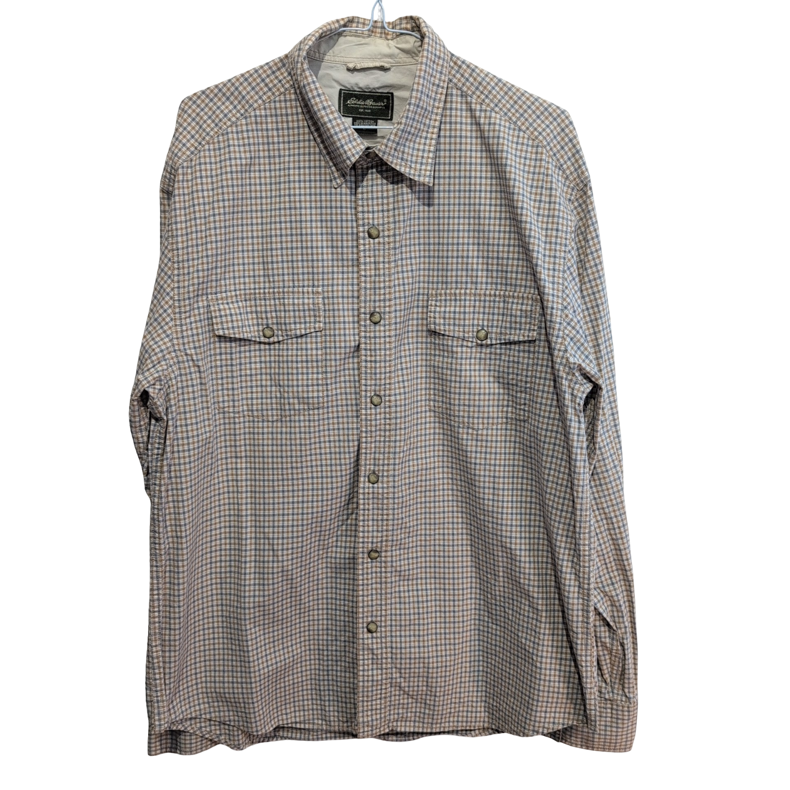 Chemise Eddie Bauer crème à carreaux 2 poches boutons à pression taille L #216e