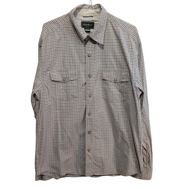 Chemise Eddie Bauer crème à carreaux 2 poches boutons à pression taille L #216e