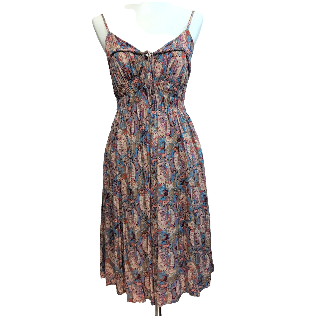 Robe d'été Femme M Viscose Cachemire Bleu Fine Bretelle Poches Bohème