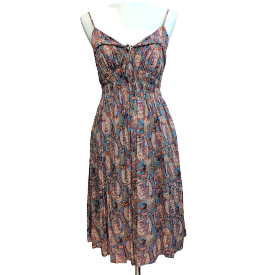Robe d'été Femme M Viscose Cachemire Bleu Fine Bretelle Poches Bohème
