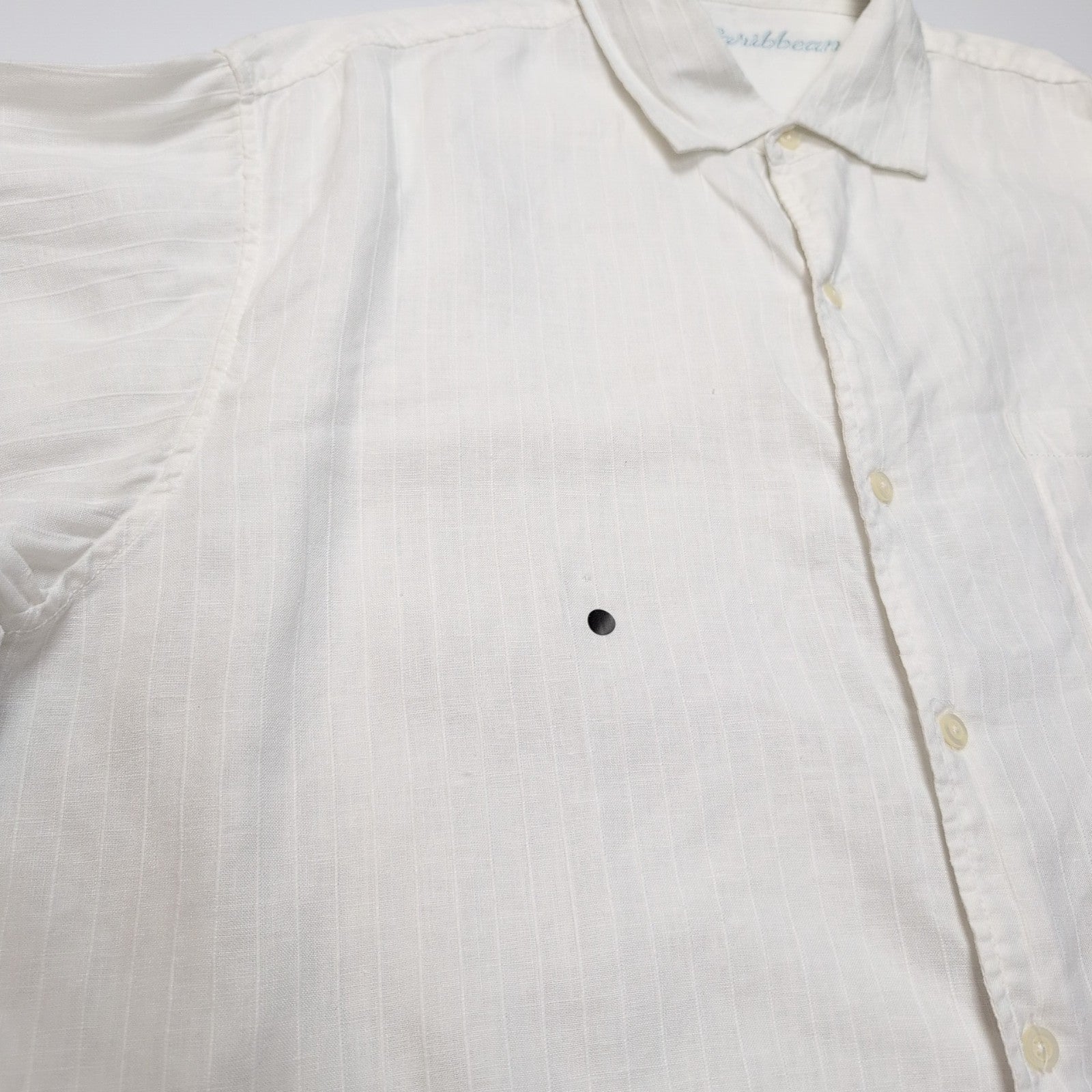Chemise Caribbean 2XL Blanche Rayures Gaufrées 100% Lin Poche Homme
