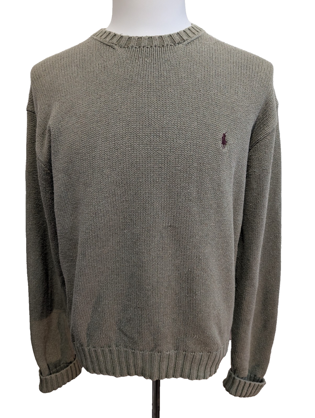 Pull POLO Ralph Lauren - Vert Kaki - Logo Bordeaux Col rond Taille L