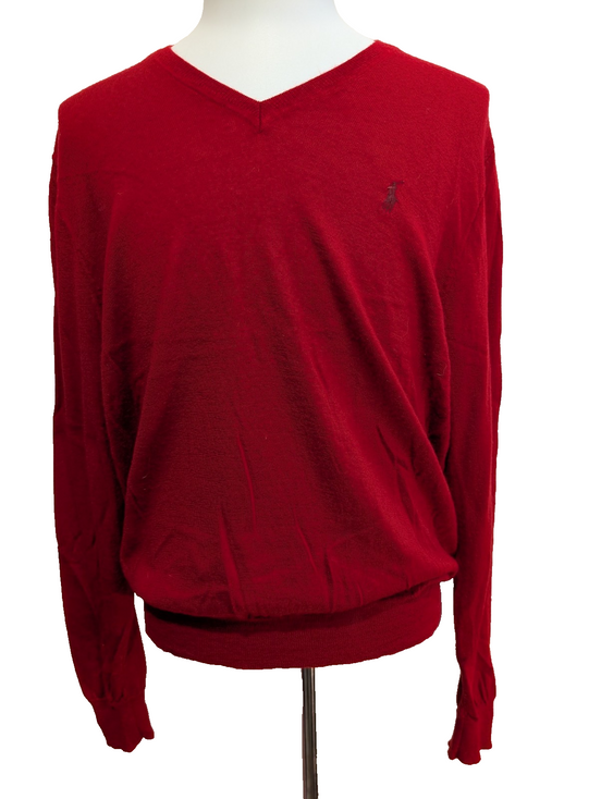 Pull POLO RALPH LAUREN Rouge Col V 100% Laine MERINOS Doux Taille L Homme Luxe