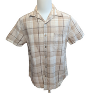 Chemise Perry Ellis Lin Coton Marron Crème Carreaux Manches Courtes Taille M