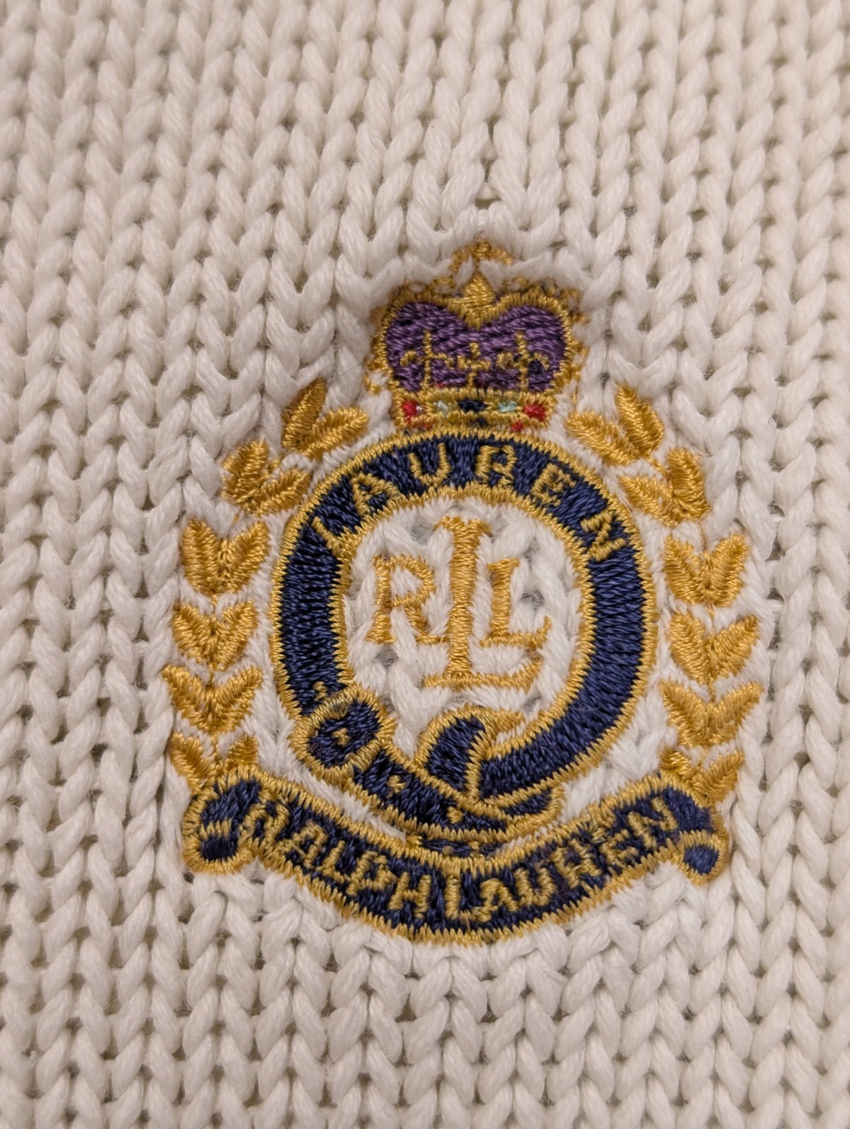 Pull Lauren Ralph Lauren femme M blanc cassé col V écusson brodé coton