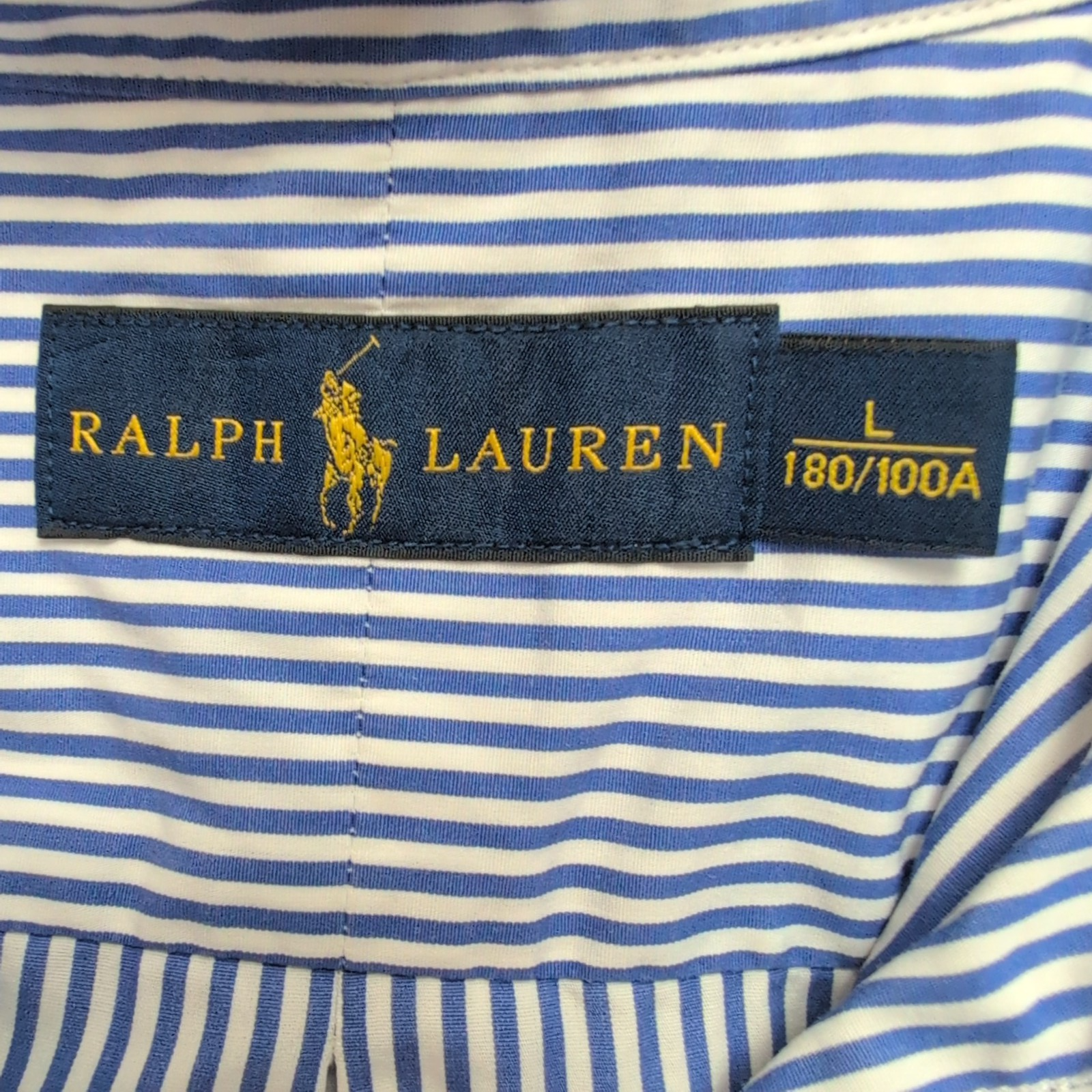 Chemise Ralph Lauren Rayures Bleues Logo Jaune L Coton Manches Courtes
