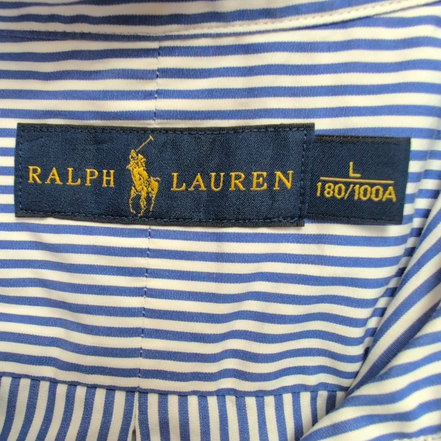 Chemise Ralph Lauren Rayures Bleues Logo Jaune L Coton Manches Courtes