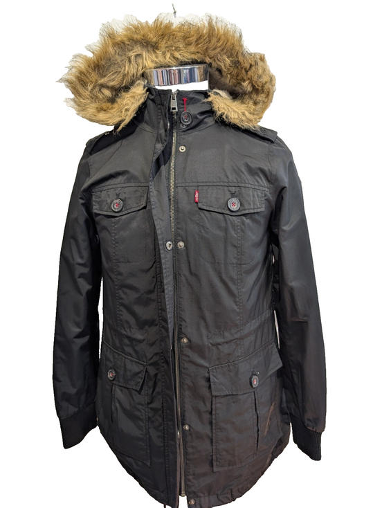Levi's Parka Femme Longue Noir S Nylon Sherpa Capuche Fausse Fourrure |312BSR