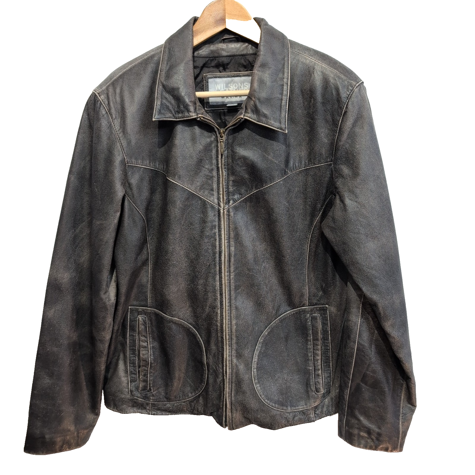 ✨ WILSONS LEATHER MAXIMA Blouson Veste Cuir Véritable Patiné Marron XL Biker |41