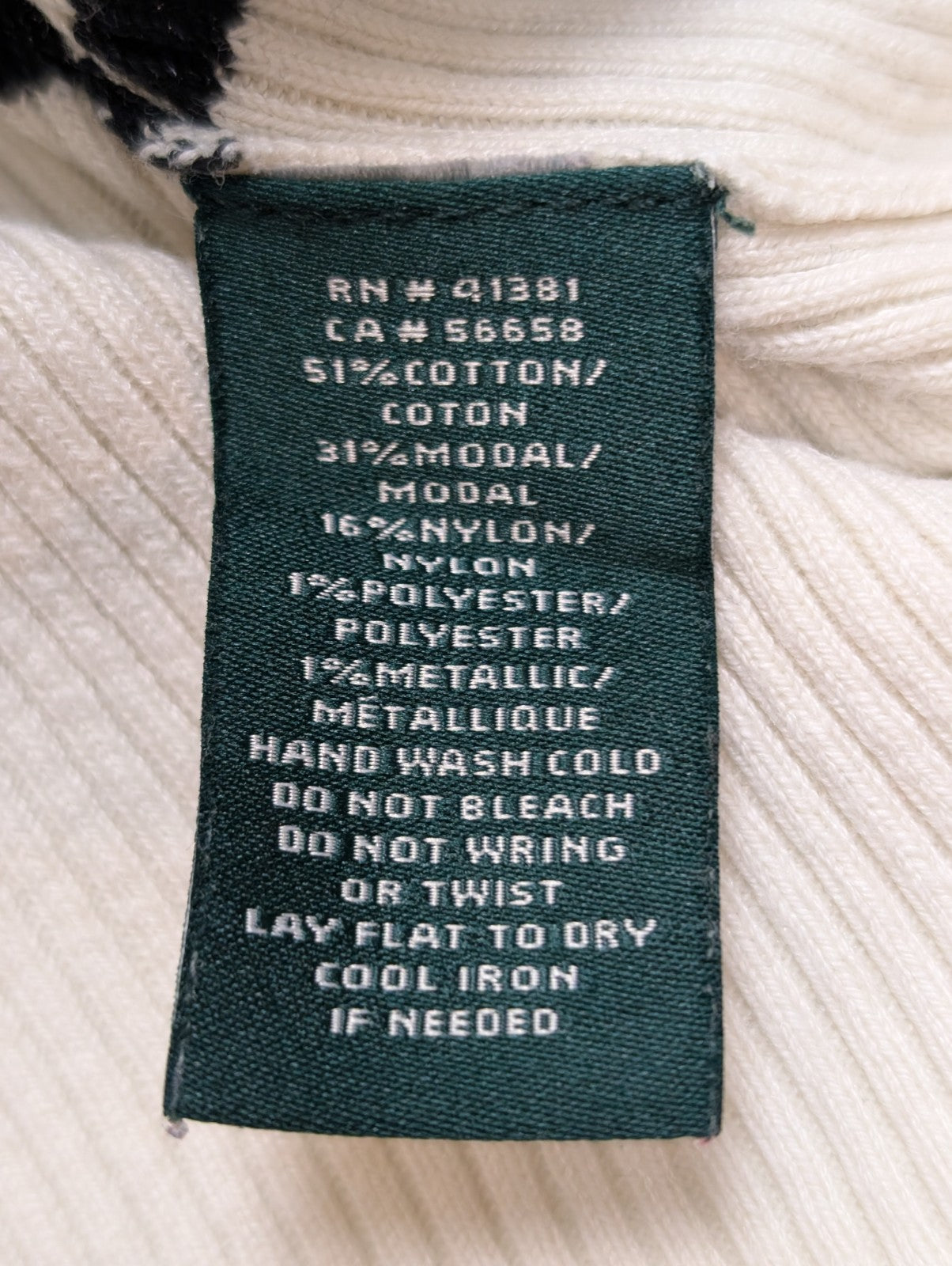 Pull Ralph Lauren (Lauren) Femme XL Col Roulé Rayé Blanc Cassé Noir Plaque Logo