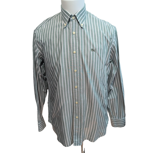 Chemise BURBERRY M Verte Rayures Blanches Oxford Logo Brodé Manches Longues
