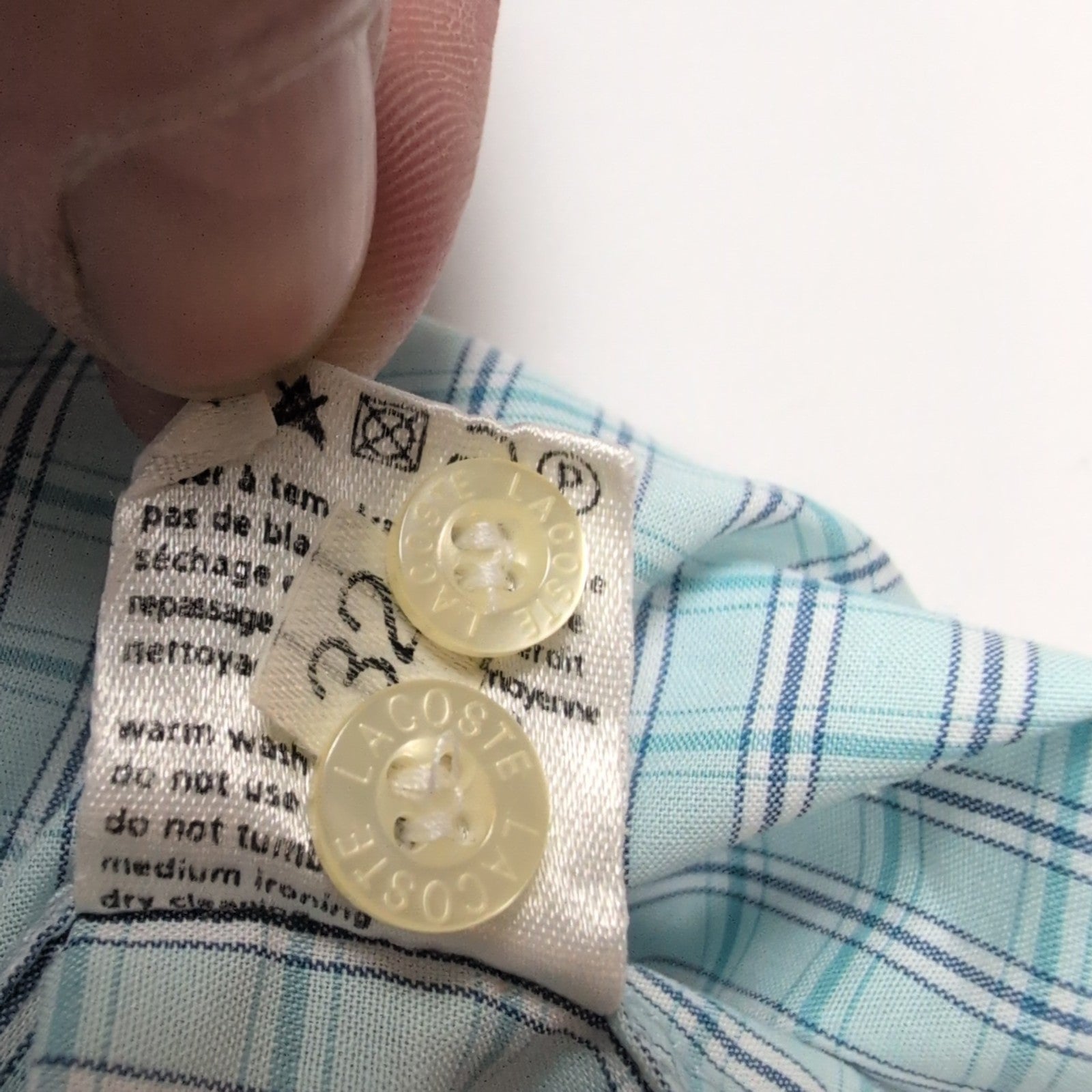 Chemise Lacoste L 42 Vert Turquoise Carreaux 100% Coton Logo Brodé