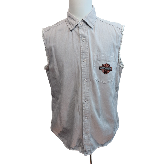 Chemise Harley Davidson L Sans Manches Crème Coton Logo Dos Poche