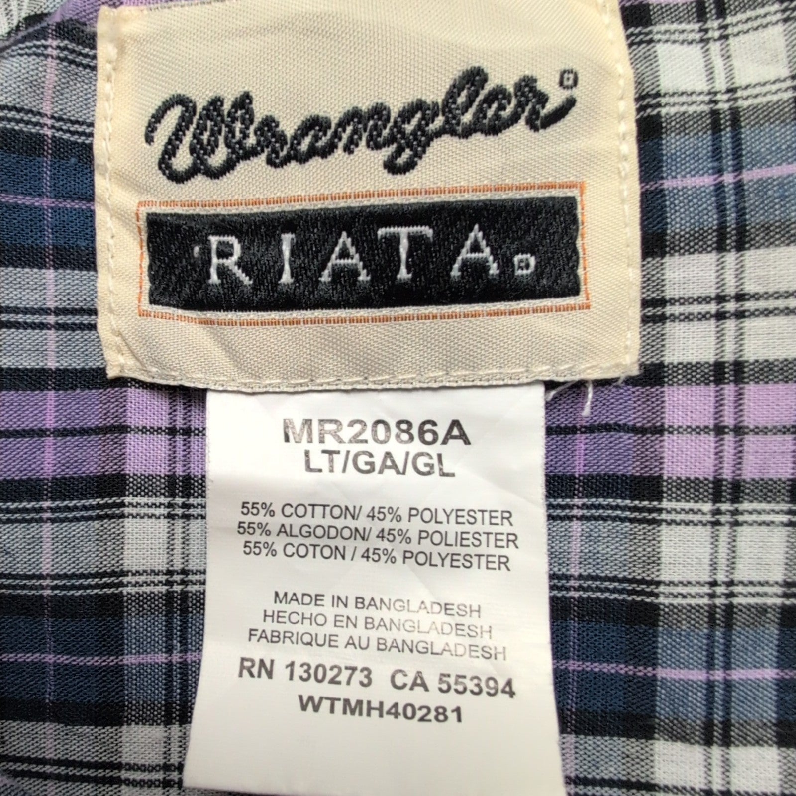 Chemise Wrangler Riata Manches Longues à Carreaux Violet Bleu et Noir Taille L