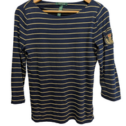 Pull LAUREN Ralph Lauren femme M bleu marine rayures dorées écusson brodé