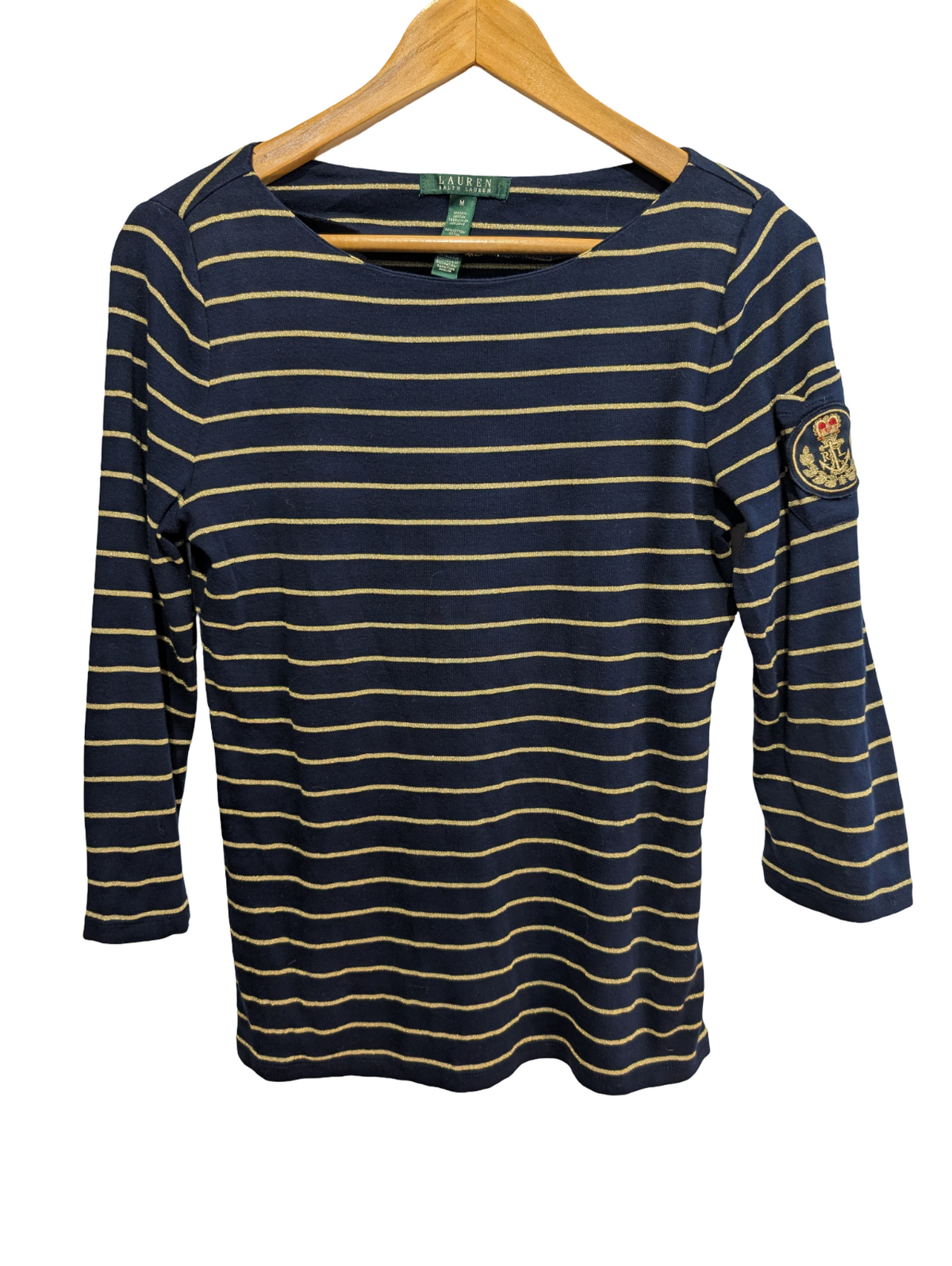 Pull LAUREN Ralph Lauren femme M bleu marine rayures dorées écusson brodé