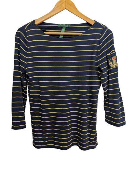 Pull LAUREN Ralph Lauren femme M bleu marine rayures dorées écusson brodé