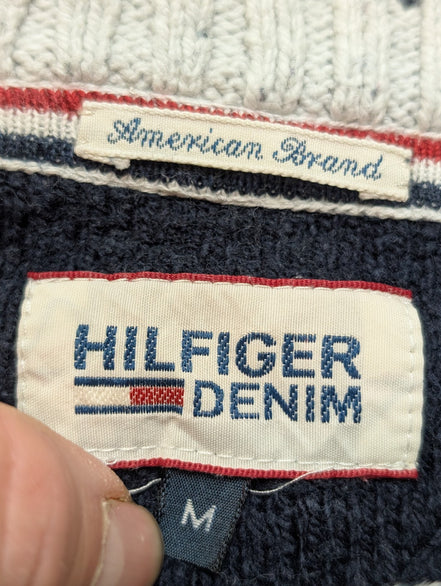 Pull Tommy Hilfiger Vintage Bleu Marine Col Rond Coton Épais - Taille M