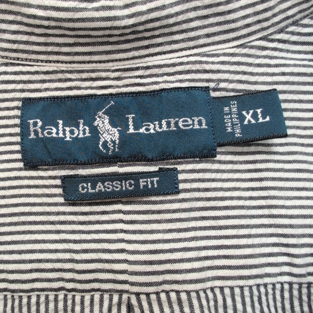 Chemise Ralph Lauren XL Noire Rayures Gaufrées Manches Courtes Button Down Shirt