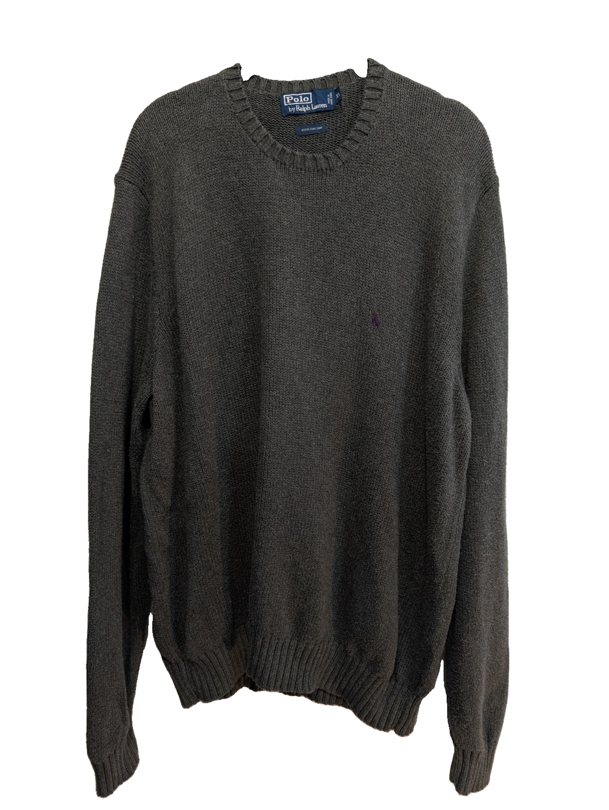 Pull Polo Ralph Lauren XL gris foncé col rond coton logo violet brodé