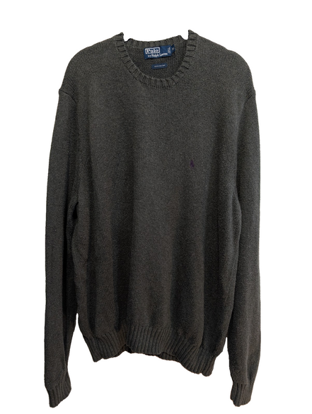 Pull Polo Ralph Lauren XL gris foncé col rond coton logo violet brodé
