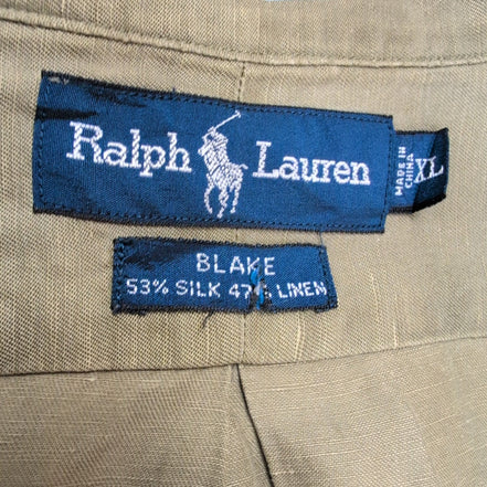 Chemise Ralph Lauren Blake XL Soie Lin Kaki Logo Bleu Marine mancheslongues