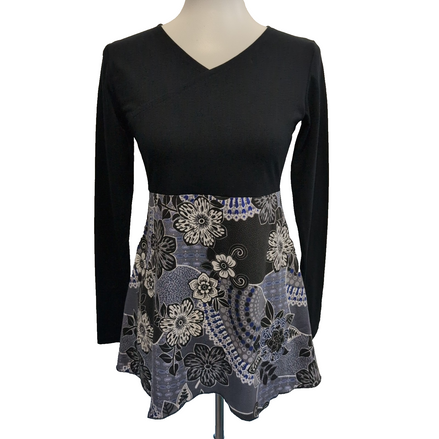 Tunique Femme Kéawa Taille S Noire Fleurie Col V Manches Longues Neuve