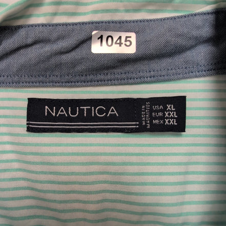 Chemise Nautica XXL Vert Pâle Rayures Logo Brodé Coton manches longues