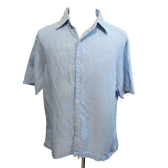 Chemise Claiborne 100% Lin Bleu Rayures Gauffrées Manches courtes Taille L