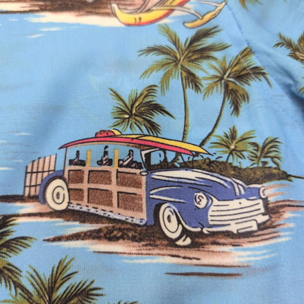 Chemise Hawaïenne M Bleu Surf Voitures Palmiers Polyester manches courtes