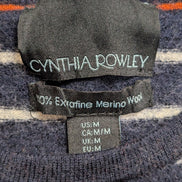 Pull Long CYNTHIA ROWLEY 100% Laine Mérinos Extra Fine Bleu Rayé Femme