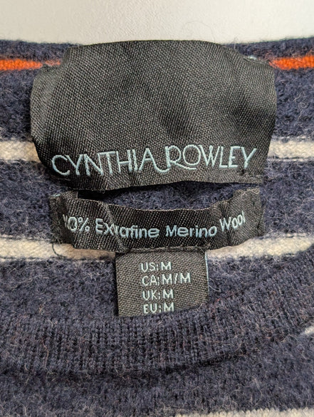 Pull Long CYNTHIA ROWLEY 100% Laine Mérinos Extra Fine Bleu Rayé Femme
