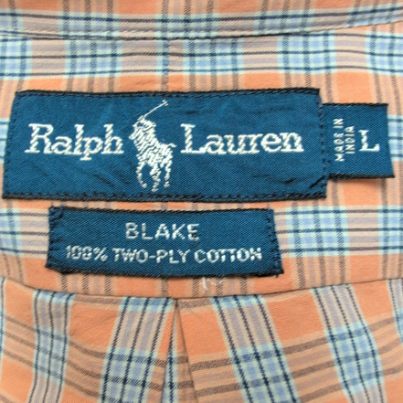 Chemise Ralph Lauren L Orange Carreaux Logo Bleu Manches Longues