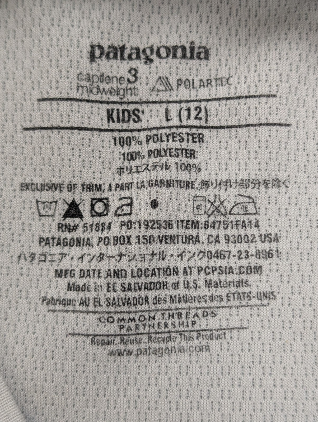 T-shirt Patagonia Manches Longues Gris - Taille L Enfant (12 ans)