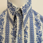 Chemise Hawaïenne Sears S 14.5 Bleu Rayures Fleurs Coton Manches Courtes