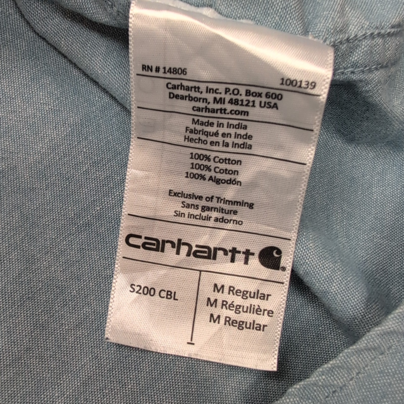 Chemise Carhartt M Bleu Uni Original Fit Workwear Ripstop manches courtes
