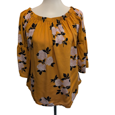 Haut Femme Select 38 Jaune Moutarde Fleuri 100% Viscose Manches 3/4 Neuf