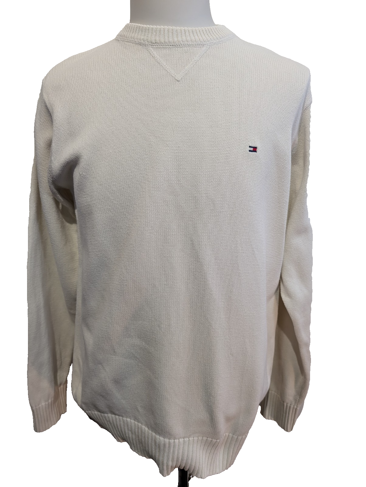 Pull Tommy Hilfiger Homme Col Rond Blanc Cassé Maille Robuste - Taille M