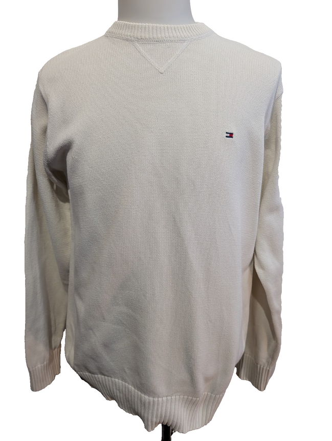 Pull Tommy Hilfiger Homme Col Rond Blanc Cassé Maille Robuste - Taille M