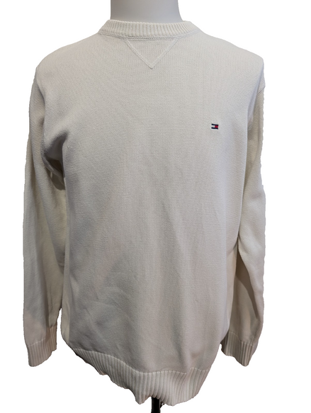 Pull Tommy Hilfiger Homme Col Rond Blanc Cassé Maille Robuste - Taille M