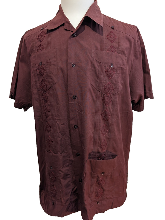Chemise Style Cubain Cubavera Bordeaux - Broderies & 4 Poches - Taille L
