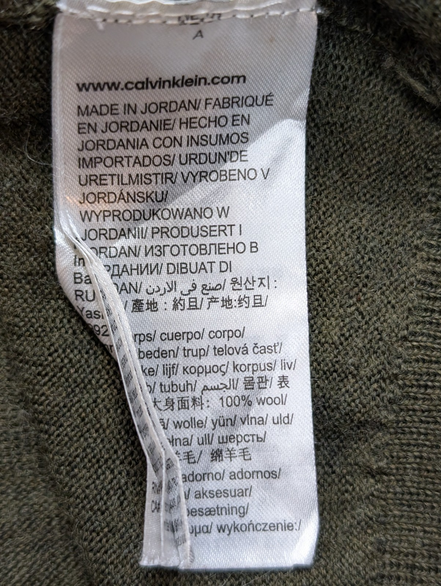 Pull CALVIN KLEIN Col V 100% Laine Mérinos Extra Fine Kaki Homme XL/XXL