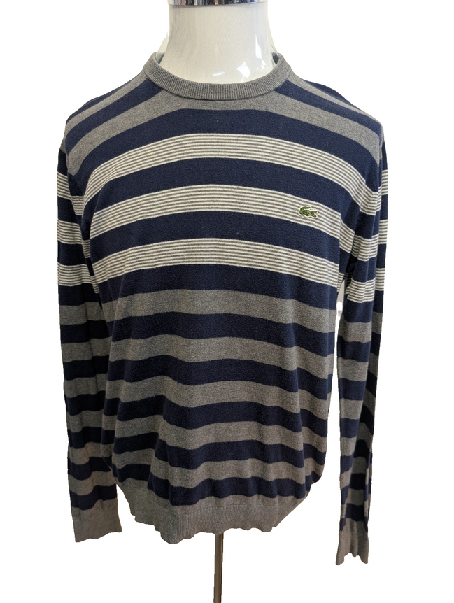 Pull Lacoste L Taille 5 coton cachemire bleu gris rayures col rond