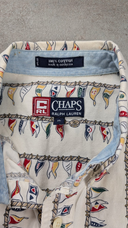Chemise CHAPS Ralph Lauren manches courtes crème fanions nautiques shirt XL