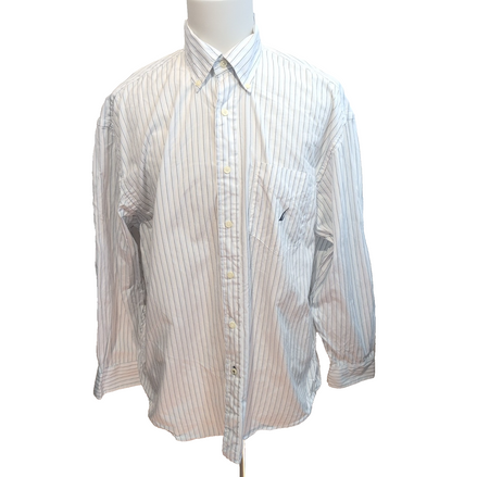 Chemise Nautica Taille XL Blanche Rayures Bleues 100% Coton Manches Longues