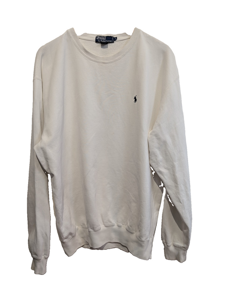 Pull Sweat Polo Ralph Lauren M blanc col rond logo cavalier bleu marine