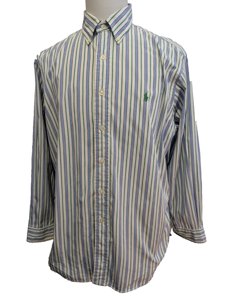 Chemise Ralph Lauren Manches Longues Rayures Bleu Vert - Classic Fit - Taille XL