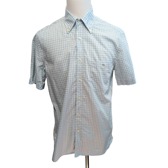 Chemise Lacoste L 42 Vert Turquoise Carreaux 100% Coton Logo Brodé