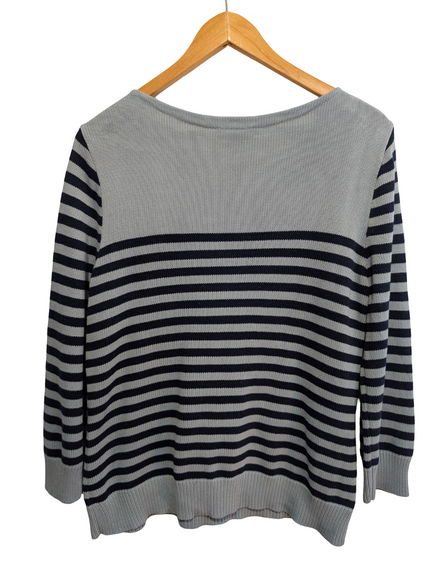 Pull LAUREN Ralph Lauren femme XL coton bleu marine rayures écusson brodé